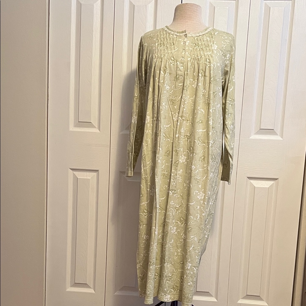 Women’s Charter Club Green Cotton Maxi Nightgown with White Floral Print Size L